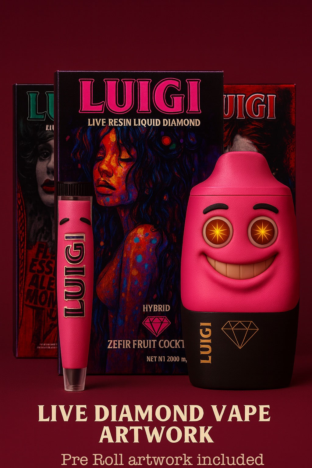 Luigi live diamond 2 gram vape and pre roll artwork